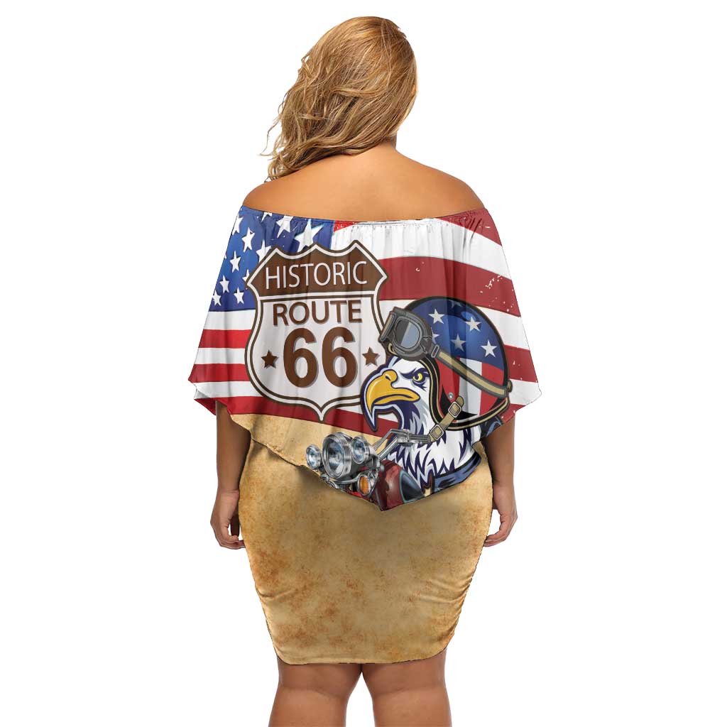 Route 66 United States Off Shoulder Short Dress Historic Highway USA Eagle With Motorcycle - Wonder Print Shop