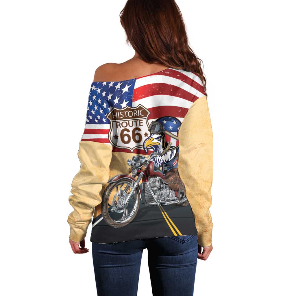 Route 66 United States Off Shoulder Sweater Historic Highway USA Eagle With Motorcycle - Wonder Print Shop