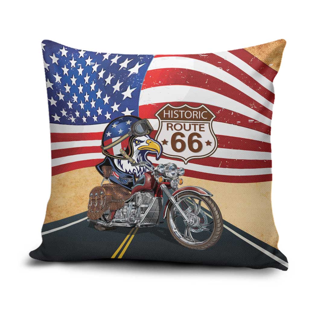 Route 66 United States Pillow Cover Historic Highway USA Eagle With Motorcycle - Wonder Print Shop