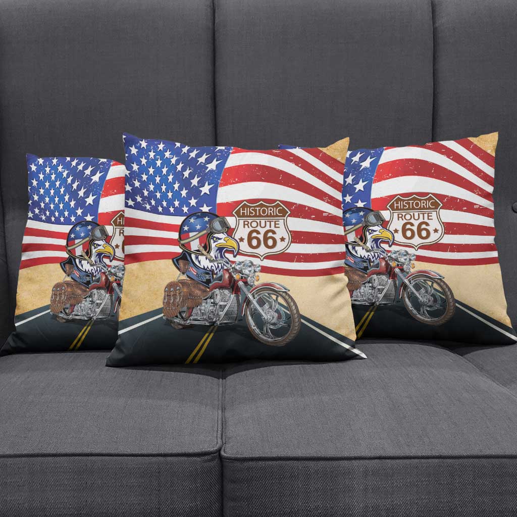 Route 66 United States Pillow Cover Historic Highway USA Eagle With Motorcycle - Wonder Print Shop
