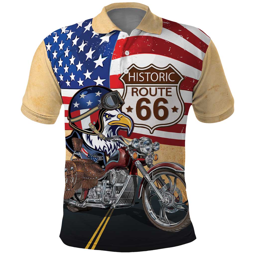 Route 66 United States Polo Shirt Historic Highway USA Eagle With Motorcycle - Wonder Print Shop