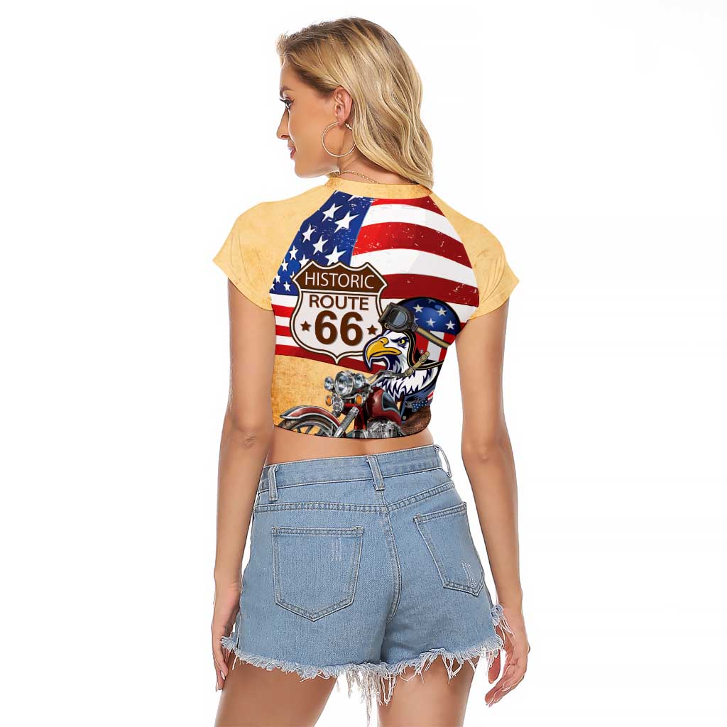 Route 66 United States Raglan Cropped T Shirt Historic Highway USA Eagle With Motorcycle - Wonder Print Shop