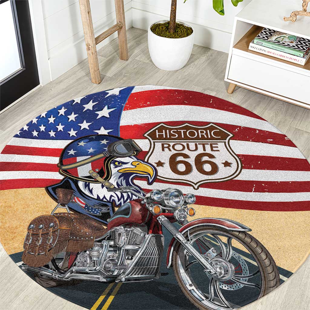 Route 66 United States Round Carpet Historic Highway USA Eagle With Motorcycle - Wonder Print Shop