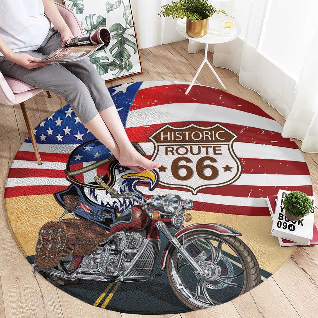 Route 66 United States Round Carpet Historic Highway USA Eagle With Motorcycle - Wonder Print Shop