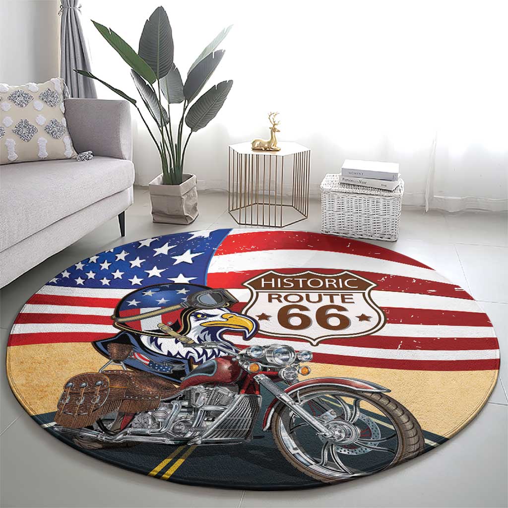 Route 66 United States Round Carpet Historic Highway USA Eagle With Motorcycle - Wonder Print Shop