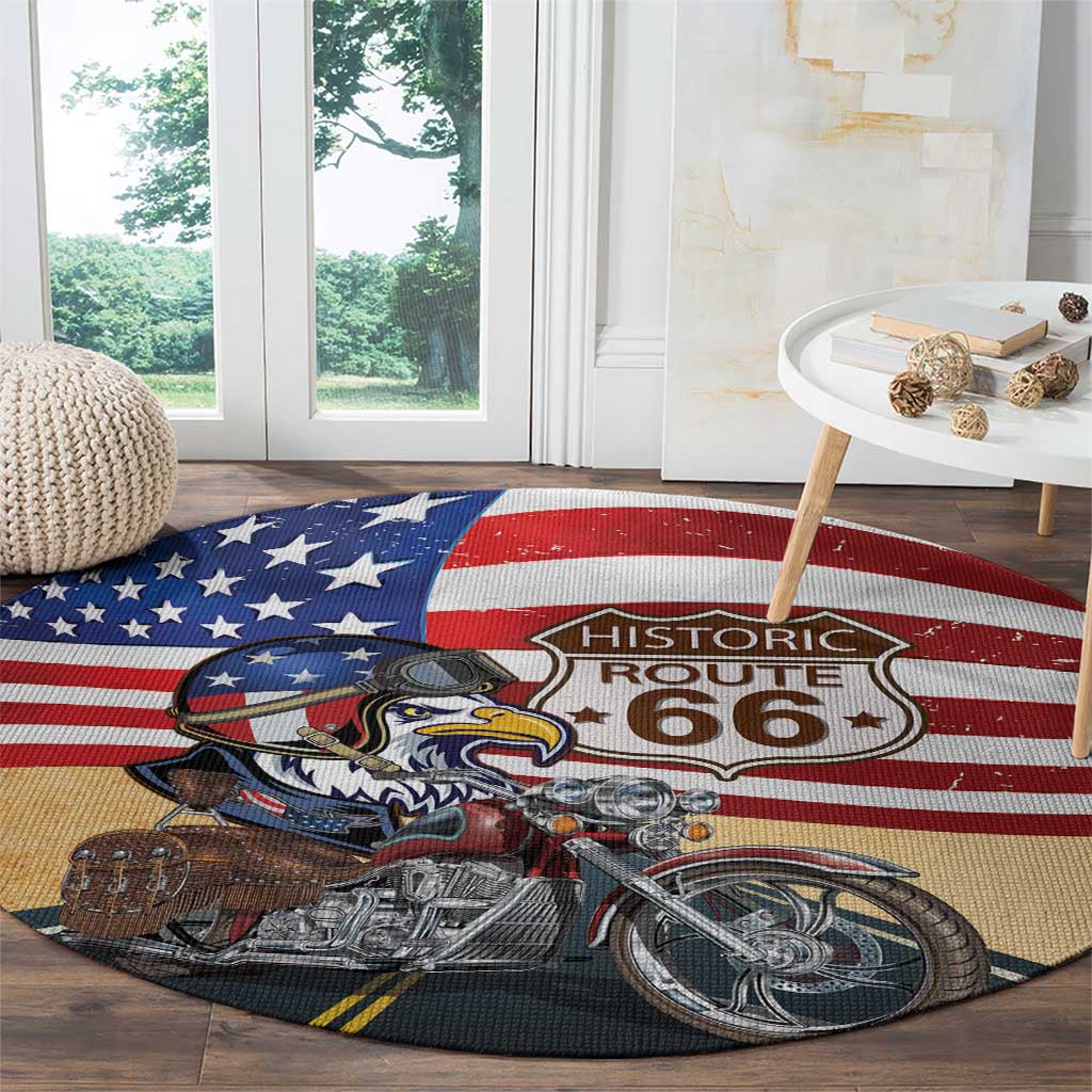 Route 66 United States Round Carpet Historic Highway USA Eagle With Motorcycle - Wonder Print Shop