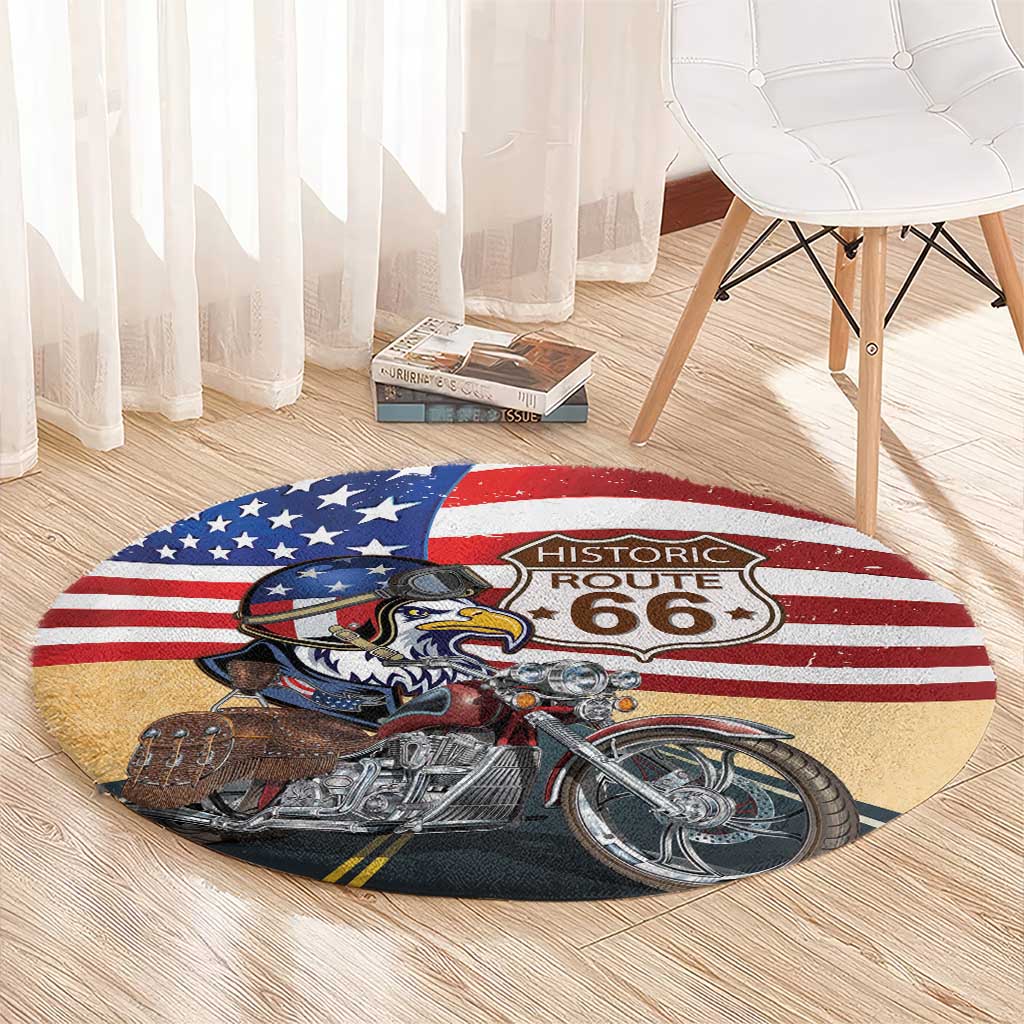 Route 66 United States Round Carpet Historic Highway USA Eagle With Motorcycle - Wonder Print Shop