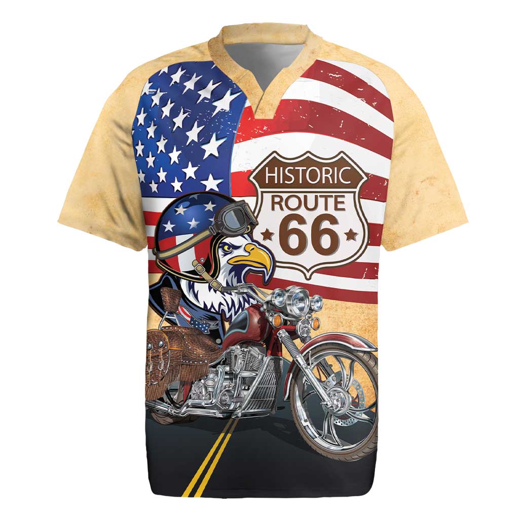 Route 66 United States Rugby Jersey Historic Highway USA Eagle With Motorcycle - Wonder Print Shop