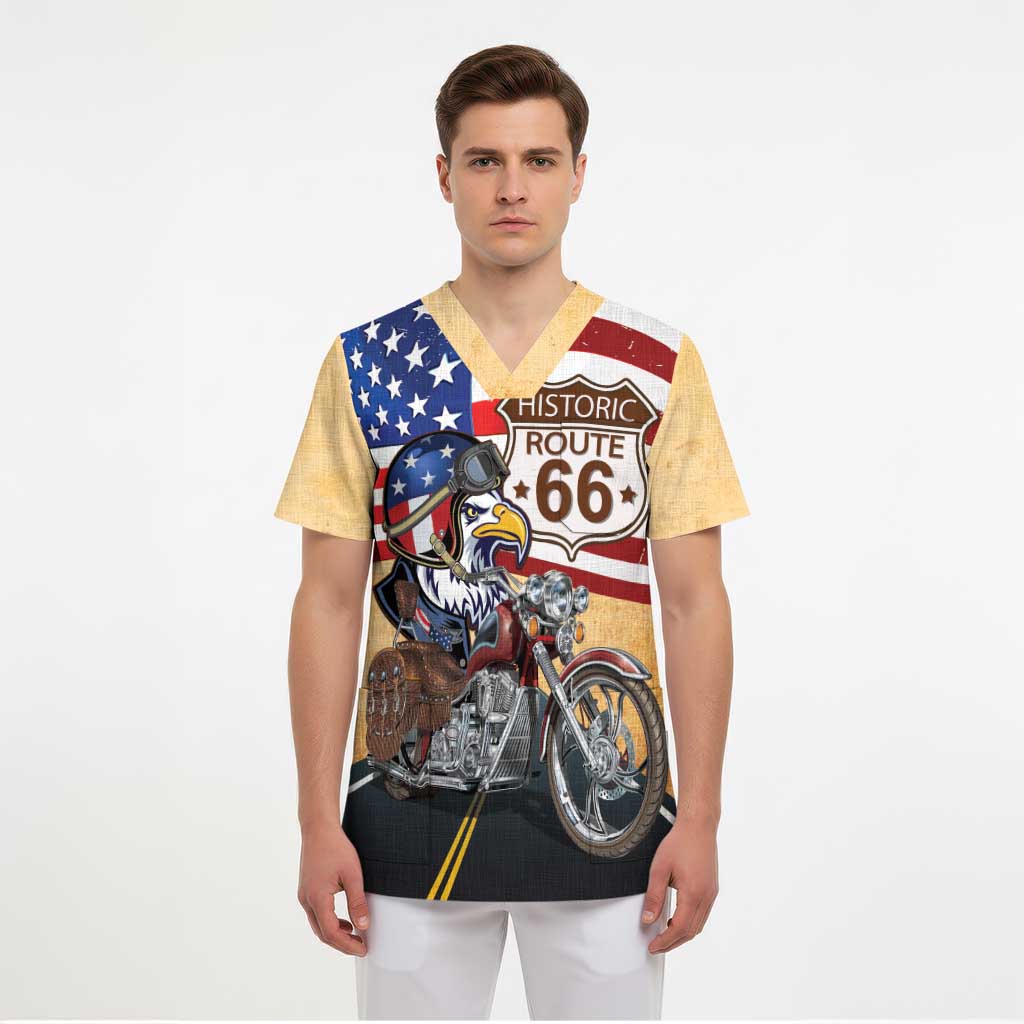 Route 66 United States Scrub Top Historic Highway USA Eagle With Motorcycle - Wonder Print Shop