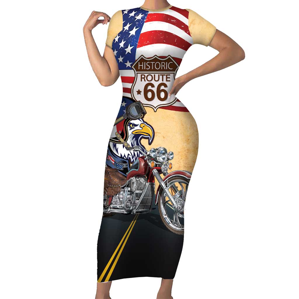 Route 66 United States Short Sleeve Bodycon Dress Historic Highway USA Eagle With Motorcycle - Wonder Print Shop
