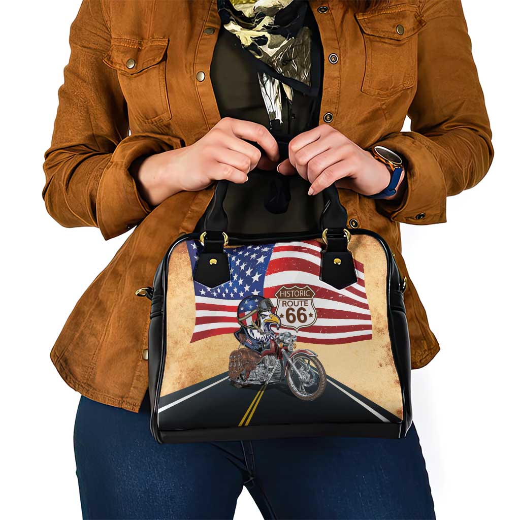 Route 66 United States Shoulder Handbag Historic Highway USA Eagle With Motorcycle - Wonder Print Shop