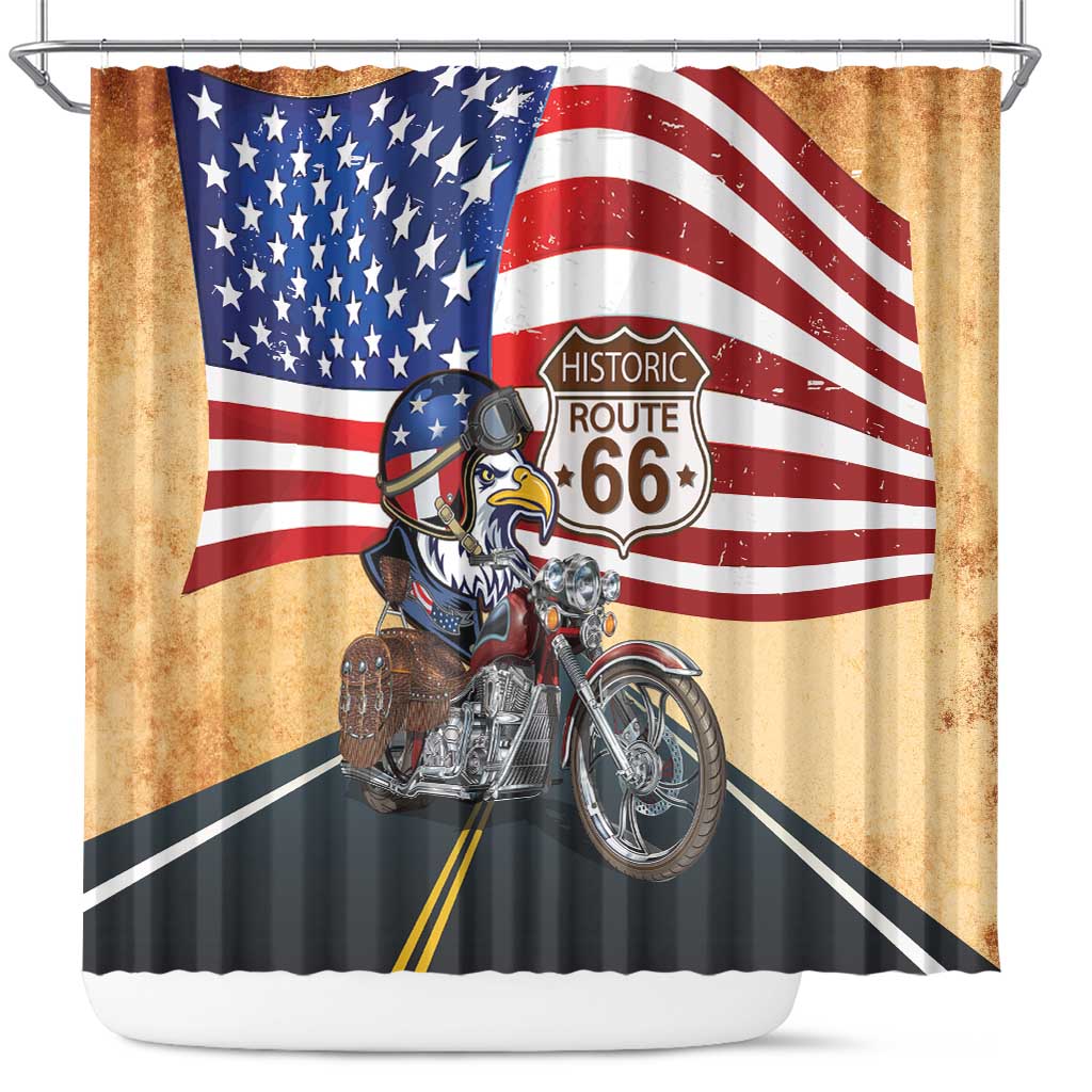 Route 66 United States Shower Curtain Historic Highway USA Eagle With Motorcycle - Wonder Print Shop