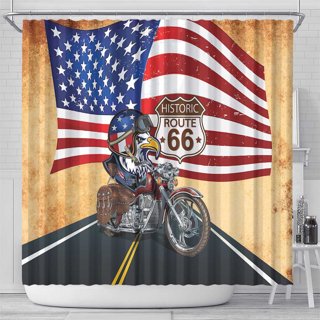Route 66 United States Shower Curtain Historic Highway USA Eagle With Motorcycle - Wonder Print Shop