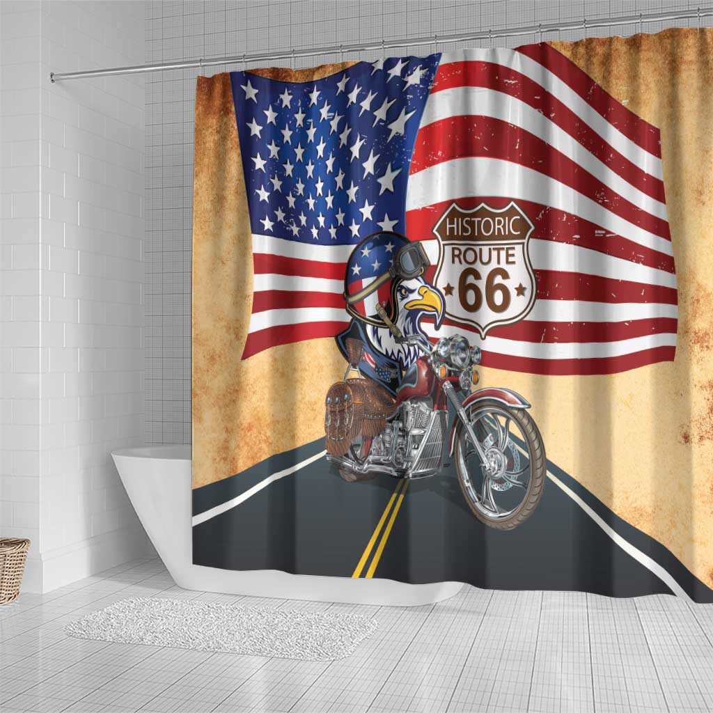 Route 66 United States Shower Curtain Historic Highway USA Eagle With Motorcycle - Wonder Print Shop