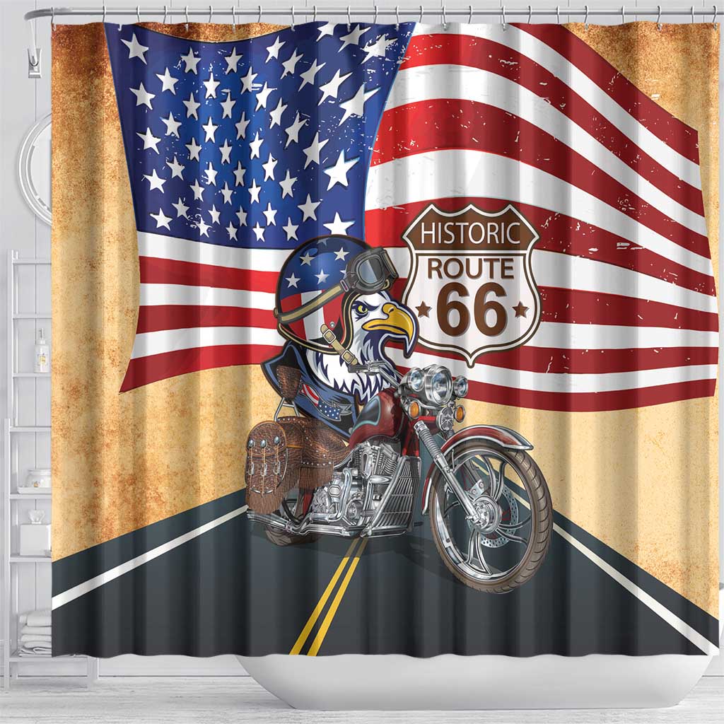Route 66 United States Shower Curtain Historic Highway USA Eagle With Motorcycle - Wonder Print Shop