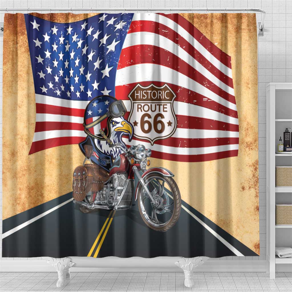 Route 66 United States Shower Curtain Historic Highway USA Eagle With Motorcycle - Wonder Print Shop