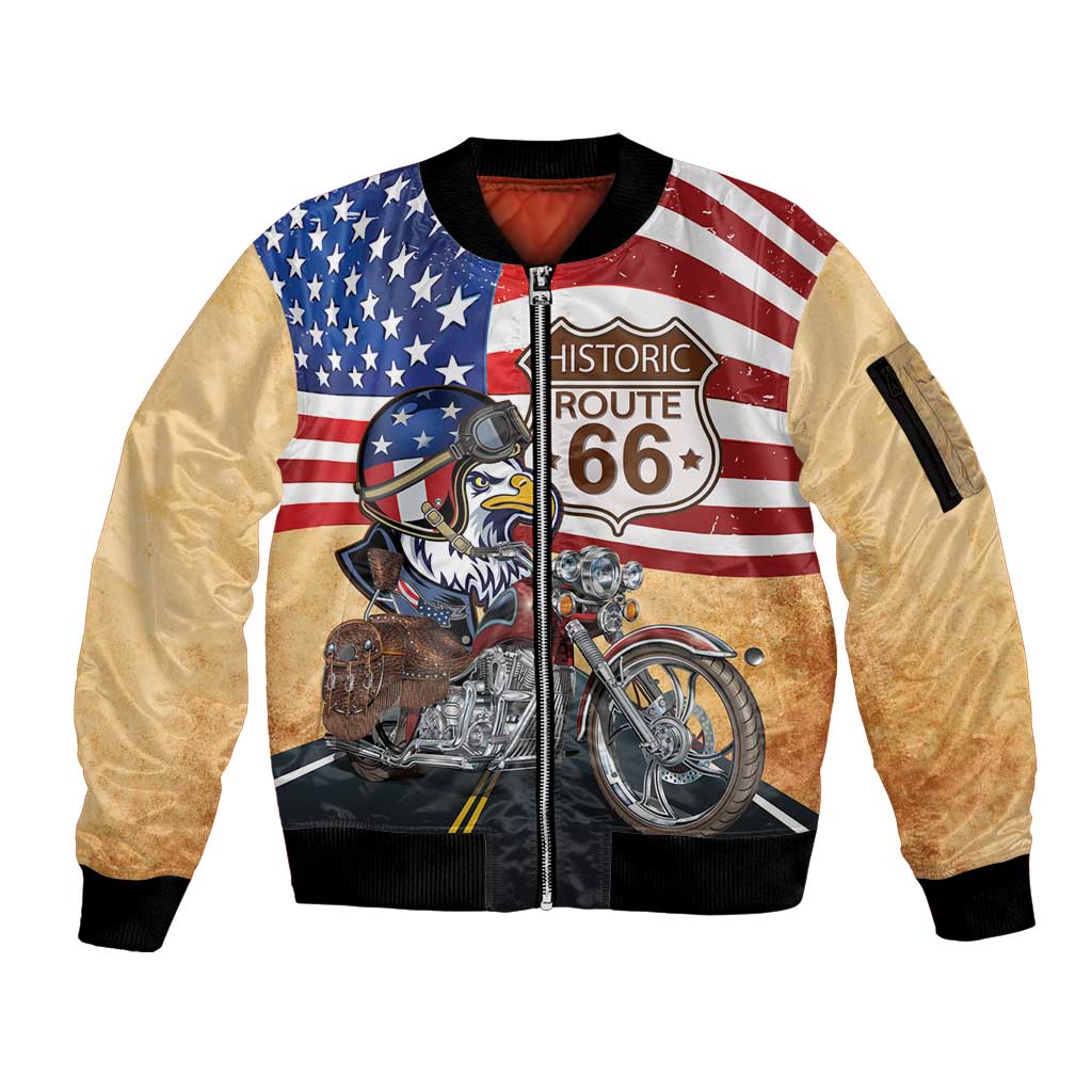 Route 66 United States Sleeve Zip Bomber Jacket Historic Highway USA Eagle With Motorcycle - Wonder Print Shop