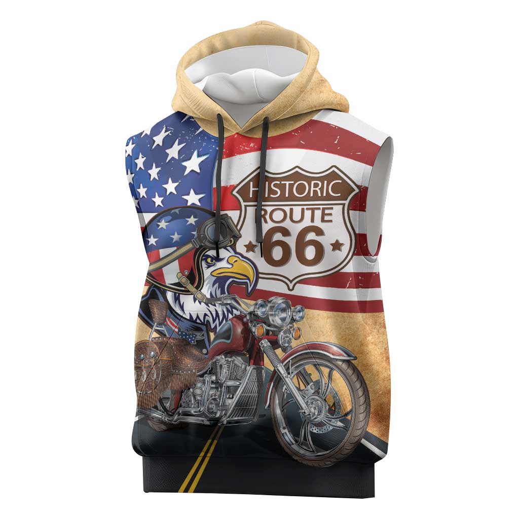 Route 66 United States Sleeveless Hoodie Historic Highway USA Eagle With Motorcycle - Wonder Print Shop