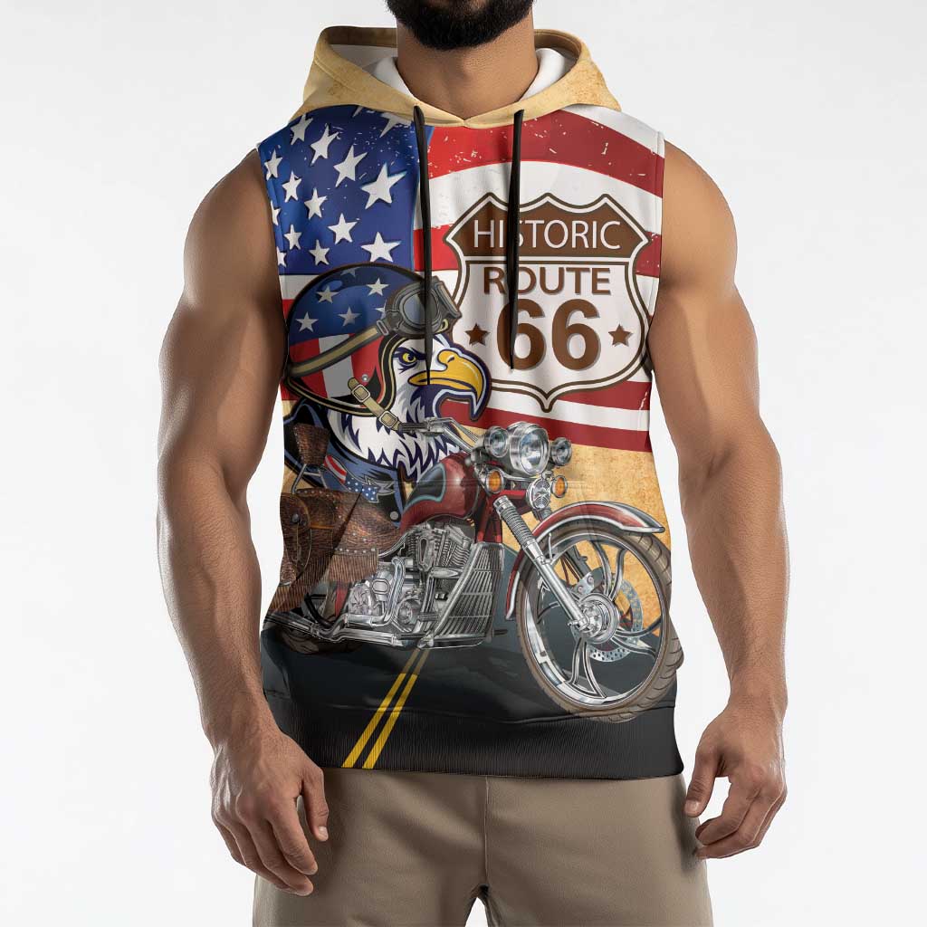 Route 66 United States Sleeveless Hoodie Historic Highway USA Eagle With Motorcycle - Wonder Print Shop