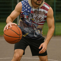 Route 66 United States Sleeveless Hoodie Historic Highway USA Eagle With Motorcycle - Wonder Print Shop