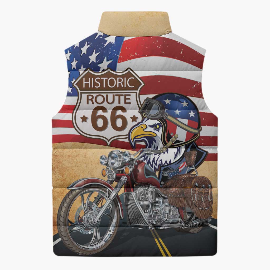 Route 66 United States Sleeveless Puffer Jacket Historic Highway USA Eagle With Motorcycle - Wonder Print Shop