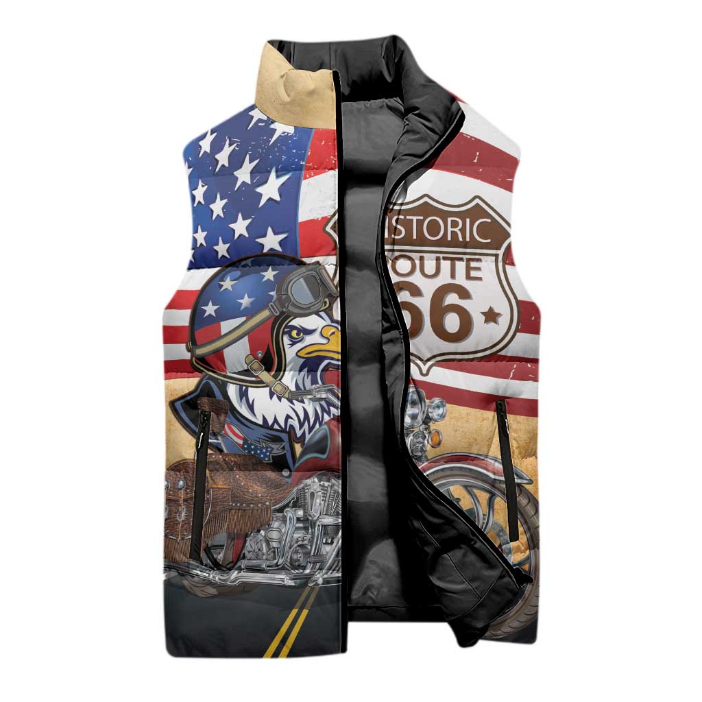 Route 66 United States Sleeveless Puffer Jacket Historic Highway USA Eagle With Motorcycle - Wonder Print Shop