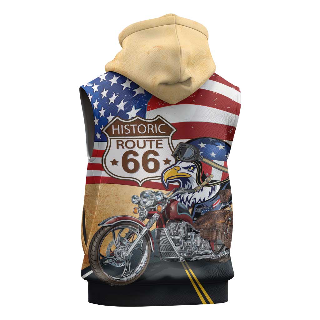 Route 66 United States Sleeveless Zip Hoodie Historic Highway USA Eagle With Motorcycle - Wonder Print Shop