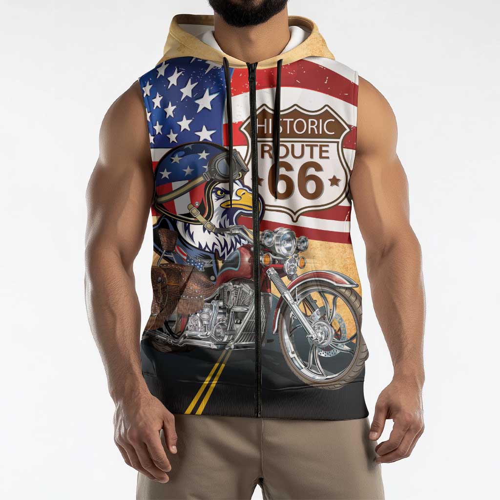 Route 66 United States Sleeveless Zip Hoodie Historic Highway USA Eagle With Motorcycle - Wonder Print Shop