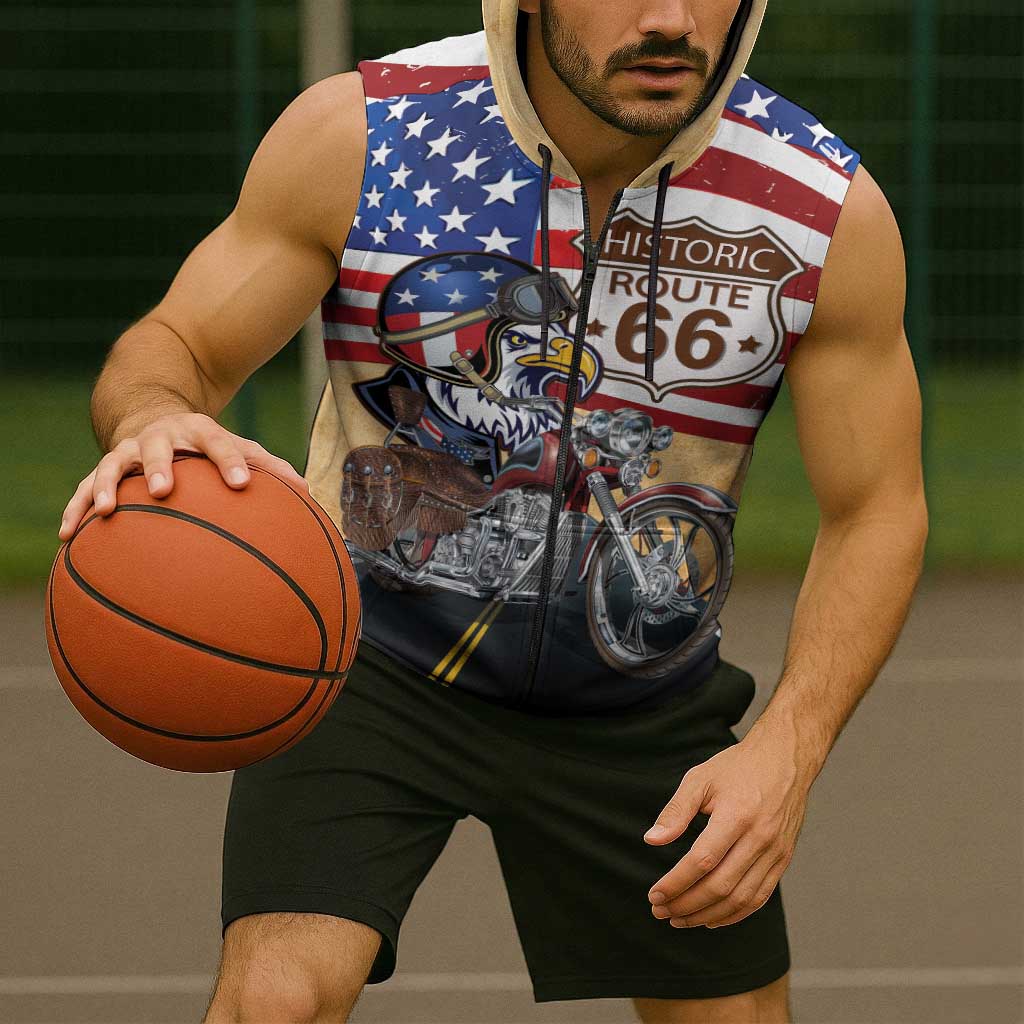 Route 66 United States Sleeveless Zip Hoodie Historic Highway USA Eagle With Motorcycle - Wonder Print Shop