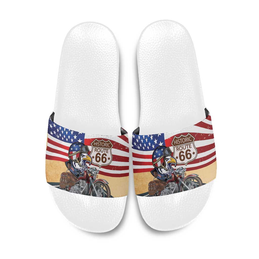 Route 66 United States Slide Sandals Historic Highway USA Eagle With Motorcycle - Wonder Print Shop