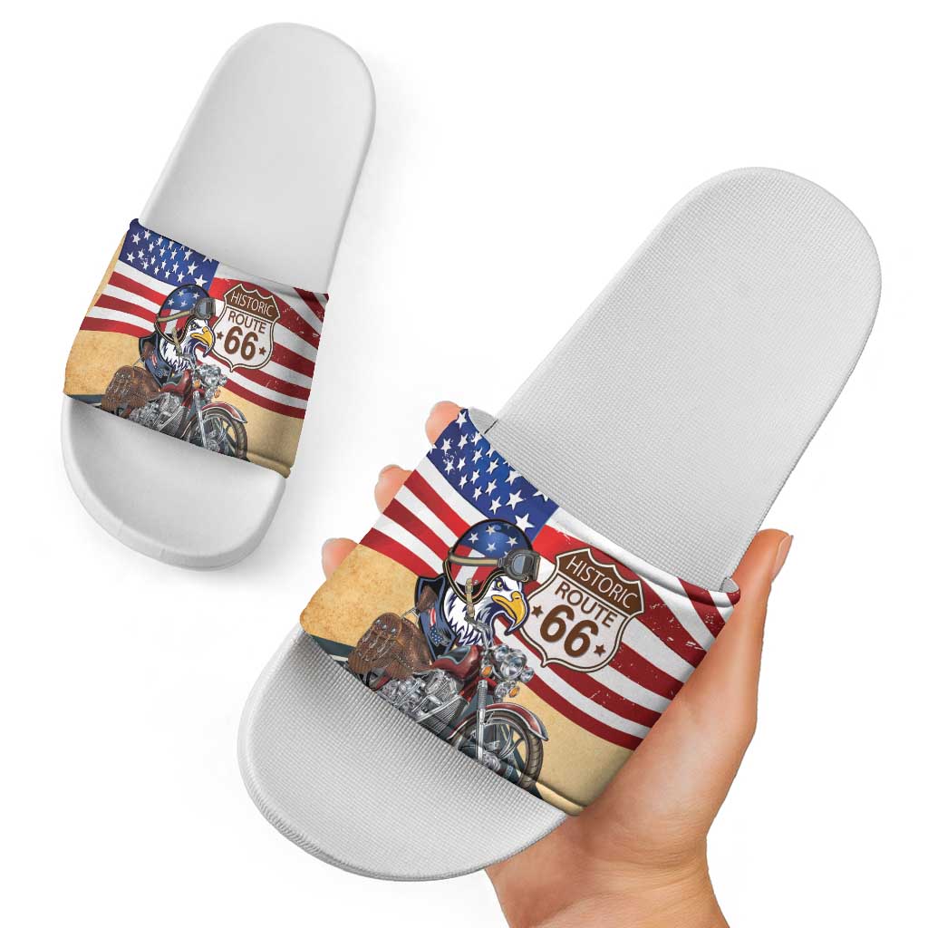 Route 66 United States Slide Sandals Historic Highway USA Eagle With Motorcycle - Wonder Print Shop