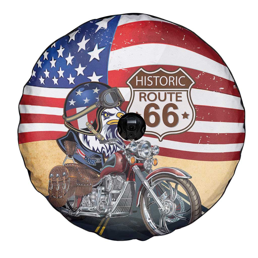 Route 66 United States Spare Tire Cover Historic Highway USA Eagle With Motorcycle - Wonder Print Shop