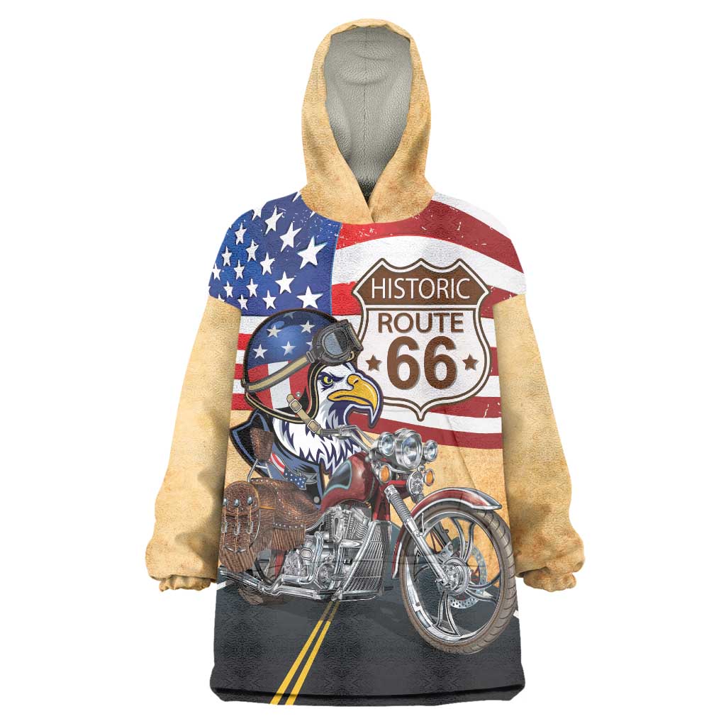 Route 66 United States Wearable Blanket Hoodie Historic Highway USA Eagle With Motorcycle - Wonder Print Shop