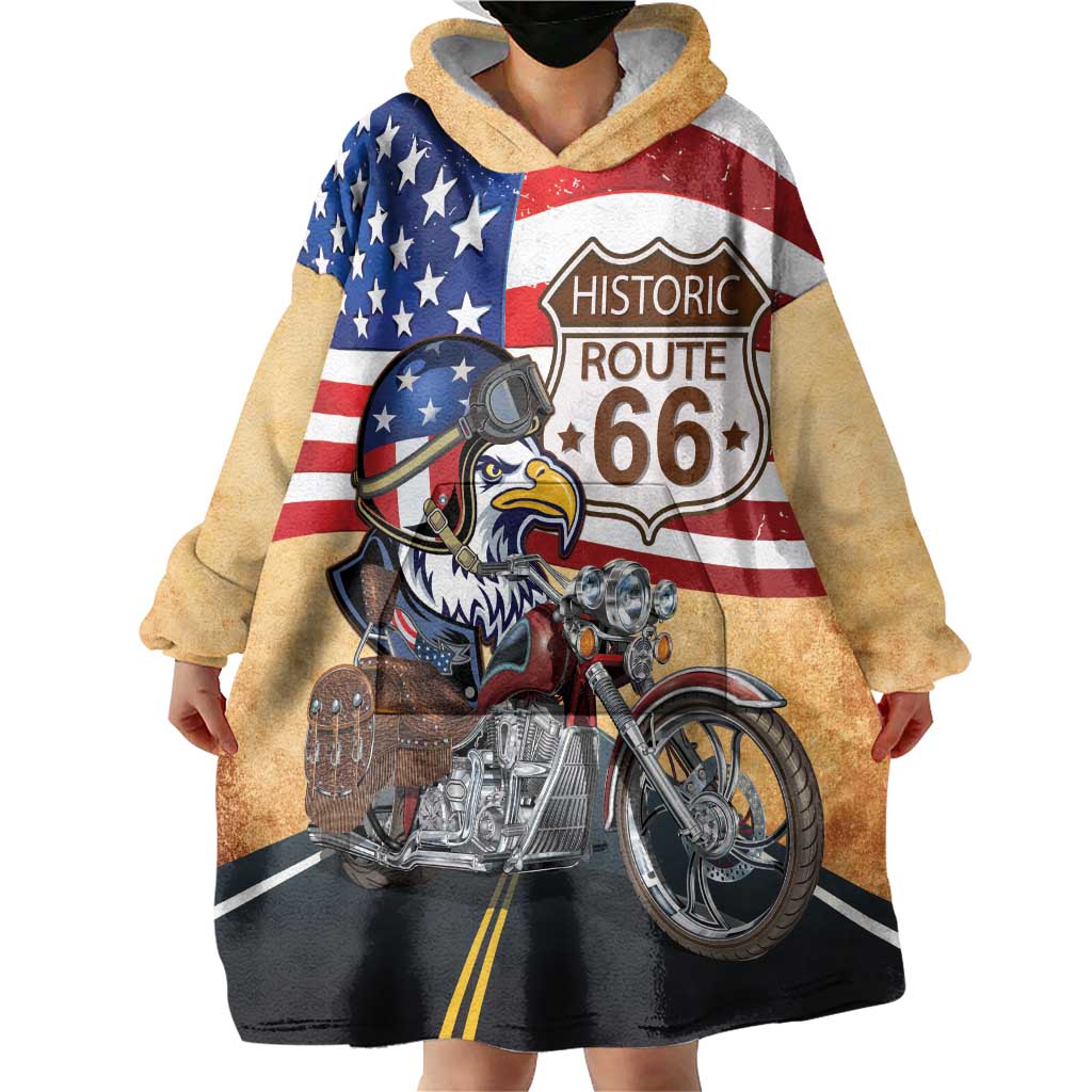 Route 66 United States Wearable Blanket Hoodie Historic Highway USA Eagle With Motorcycle - Wonder Print Shop