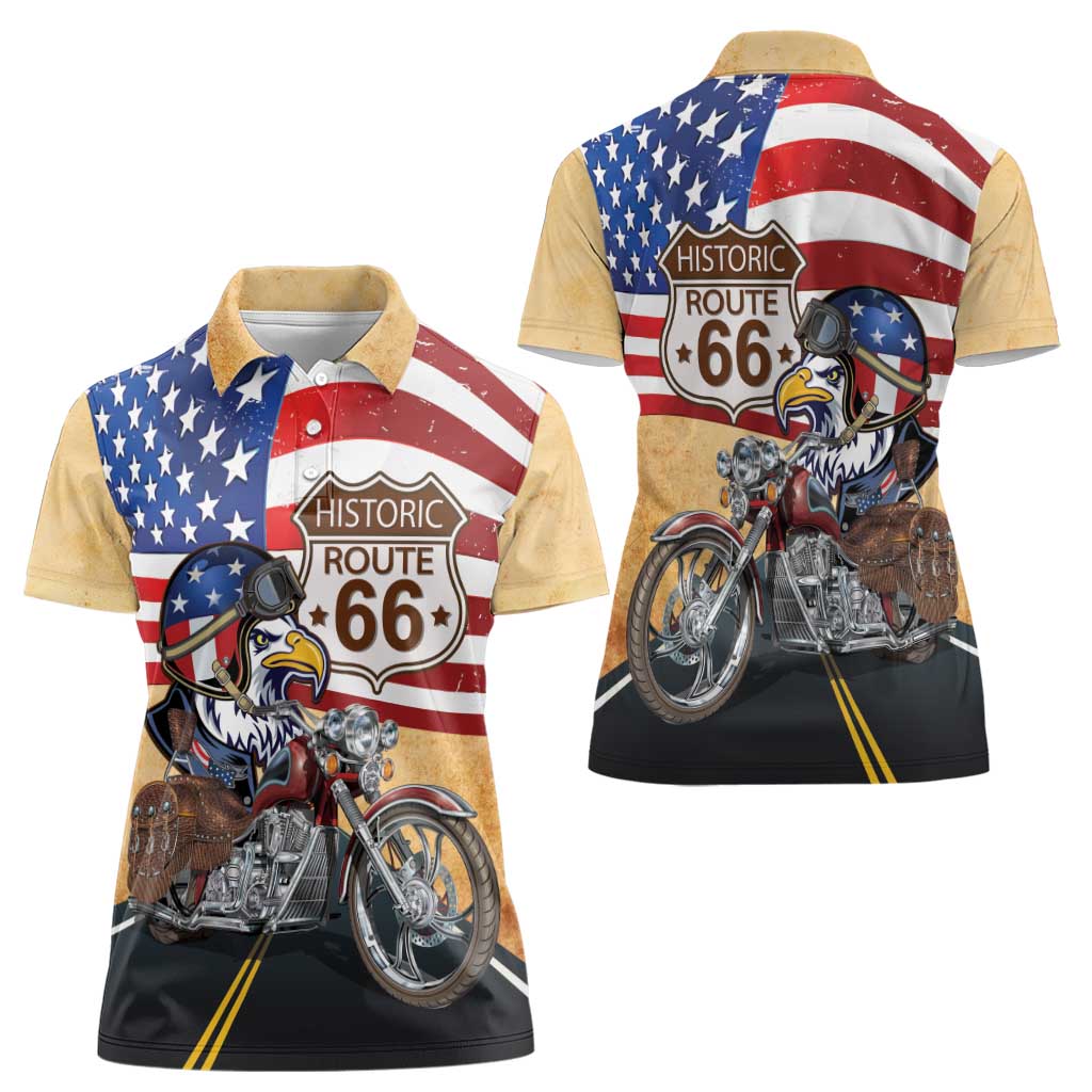 Route 66 United States Women Polo Shirt Historic Highway USA Eagle With Motorcycle - Wonder Print Shop