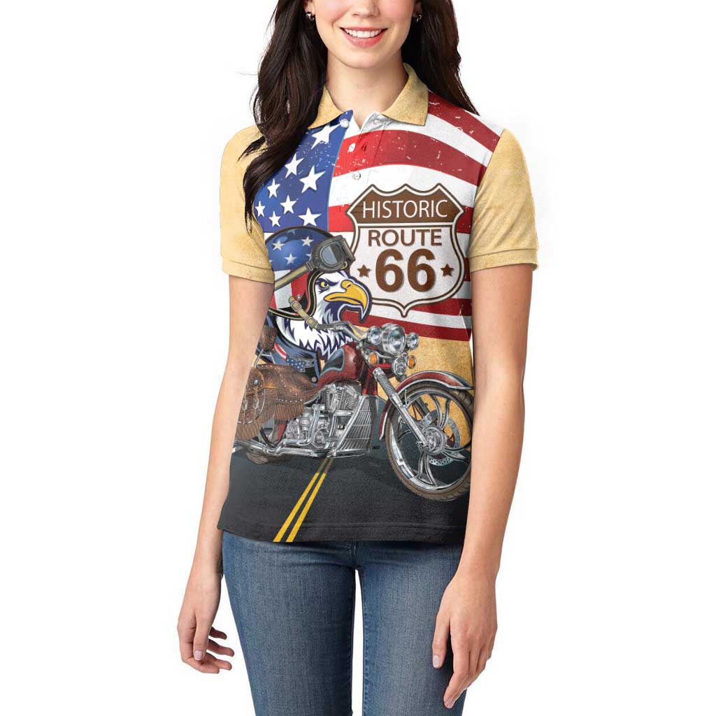Route 66 United States Women Polo Shirt Historic Highway USA Eagle With Motorcycle - Wonder Print Shop