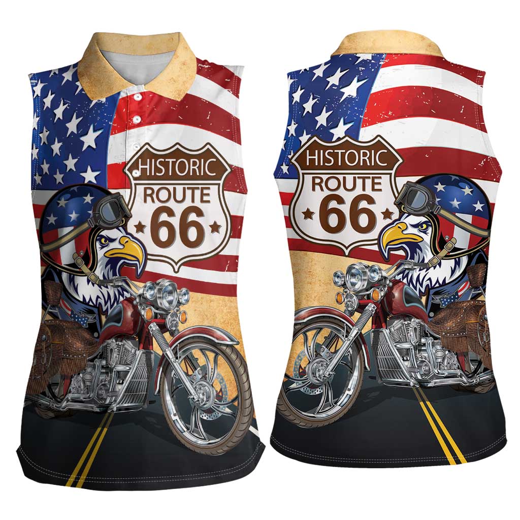 Route 66 United States Women Sleeveless Polo Shirt Historic Highway USA Eagle With Motorcycle - Wonder Print Shop