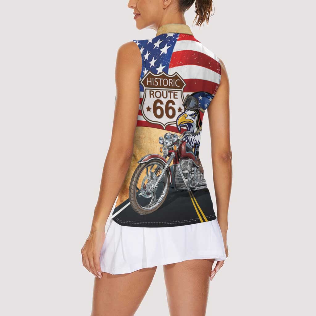 Route 66 United States Women Sleeveless Polo Shirt Historic Highway USA Eagle With Motorcycle - Wonder Print Shop