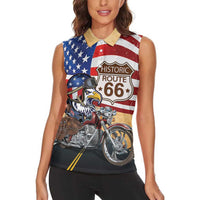 Route 66 United States Women Sleeveless Polo Shirt Historic Highway USA Eagle With Motorcycle - Wonder Print Shop
