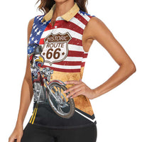 Route 66 United States Women Sleeveless Polo Shirt Historic Highway USA Eagle With Motorcycle - Wonder Print Shop