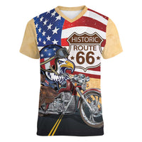 Route 66 United States Women V-Neck T-Shirt Historic Highway USA Eagle With Motorcycle - Wonder Print Shop