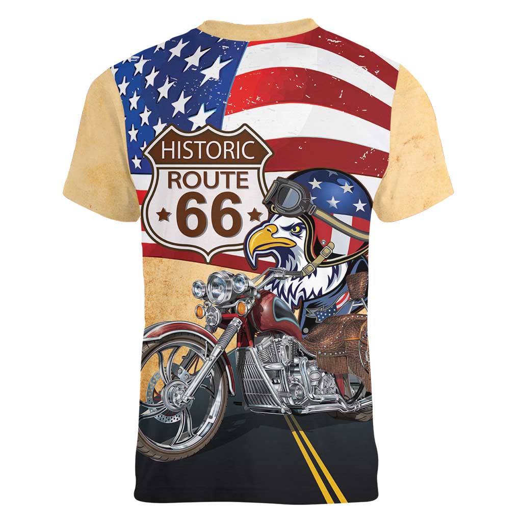 Route 66 United States Women V-Neck T-Shirt Historic Highway USA Eagle With Motorcycle - Wonder Print Shop