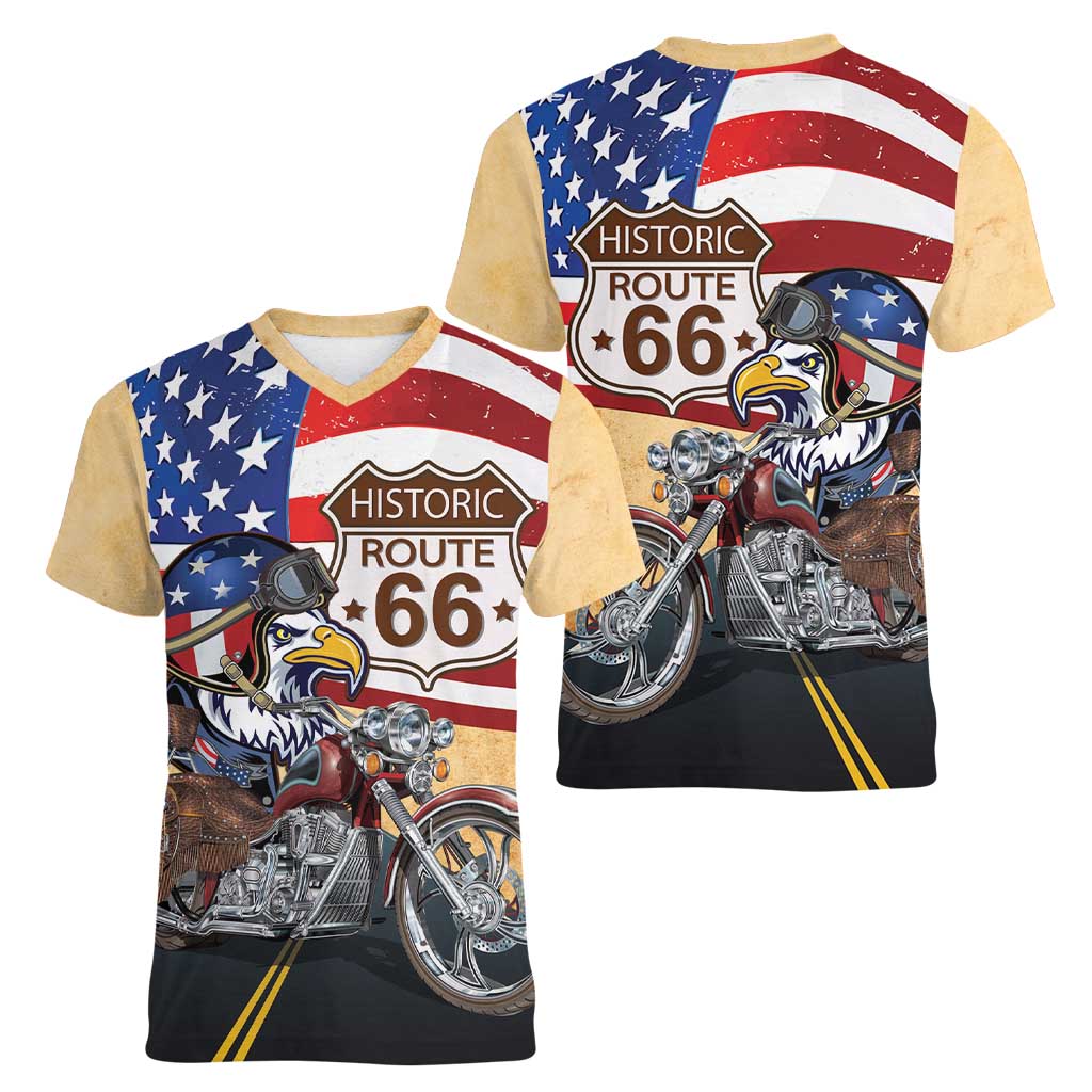 Route 66 United States Women V-Neck T-Shirt Historic Highway USA Eagle With Motorcycle - Wonder Print Shop