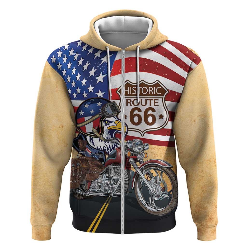 Route 66 United States Zip Hoodie Historic Highway USA Eagle With Motorcycle - Wonder Print Shop