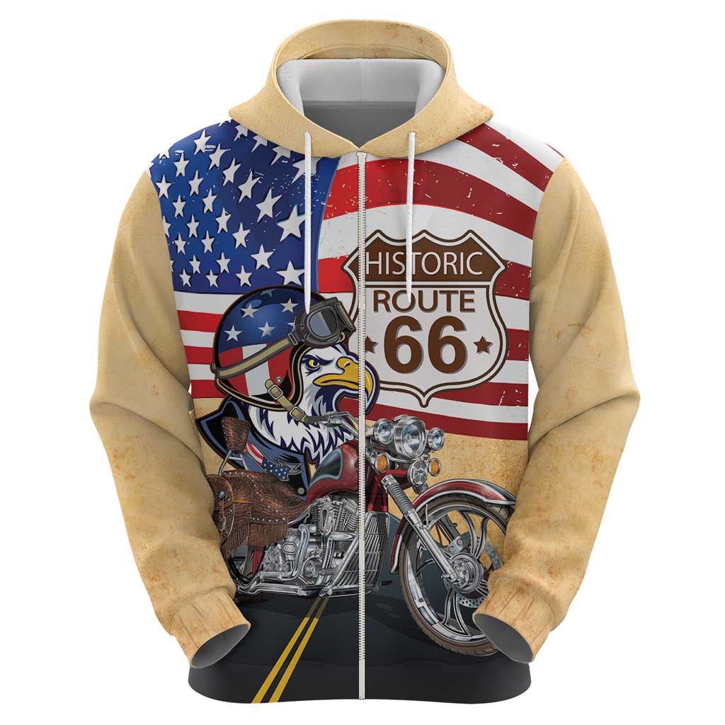 Route 66 United States Zip Hoodie Historic Highway USA Eagle With Motorcycle - Wonder Print Shop