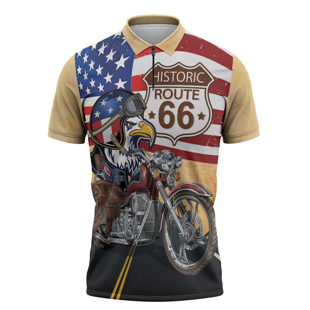 Route 66 United States Zipper Polo Shirt Historic Highway USA Eagle With Motorcycle - Wonder Print Shop