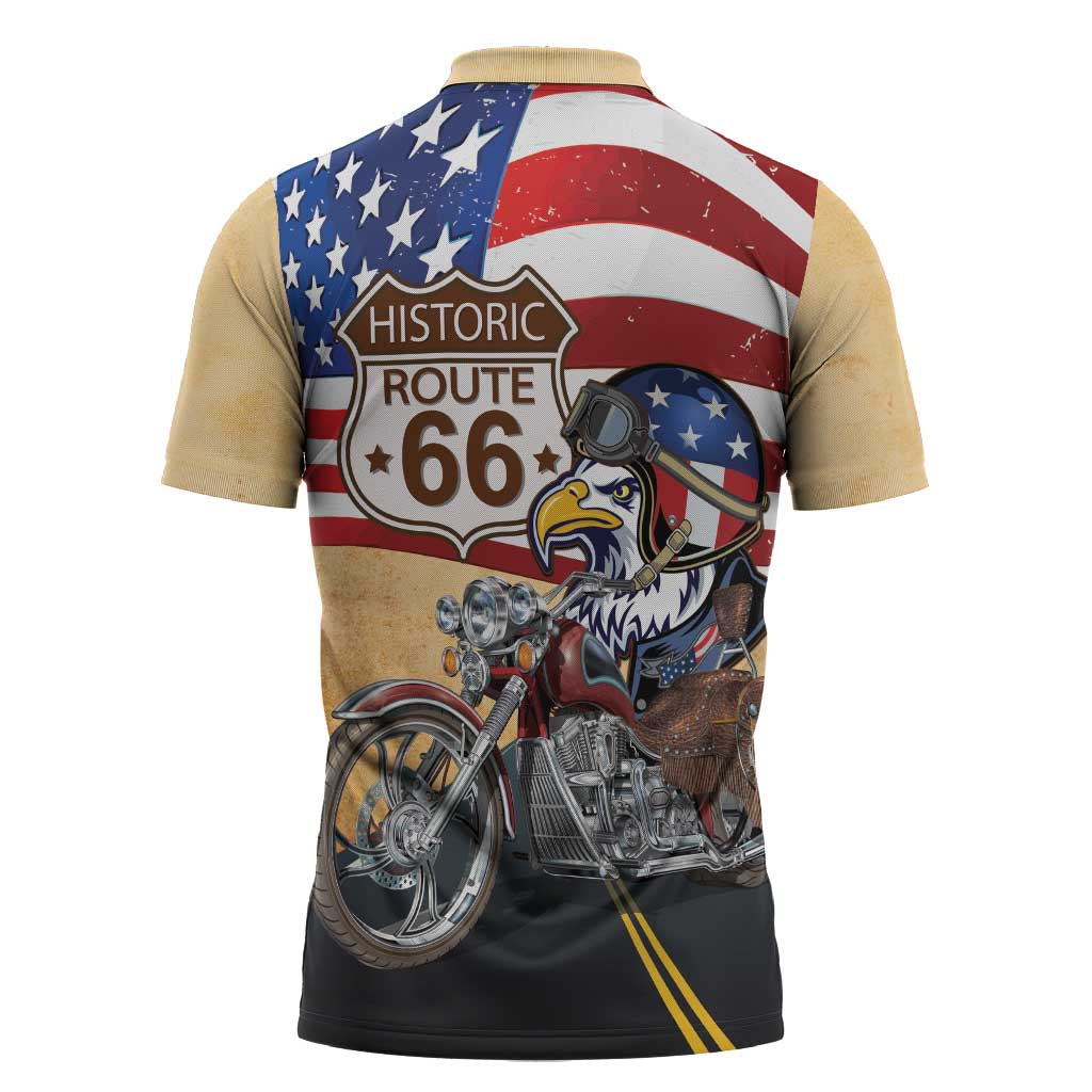 Route 66 United States Zipper Polo Shirt Historic Highway USA Eagle With Motorcycle - Wonder Print Shop
