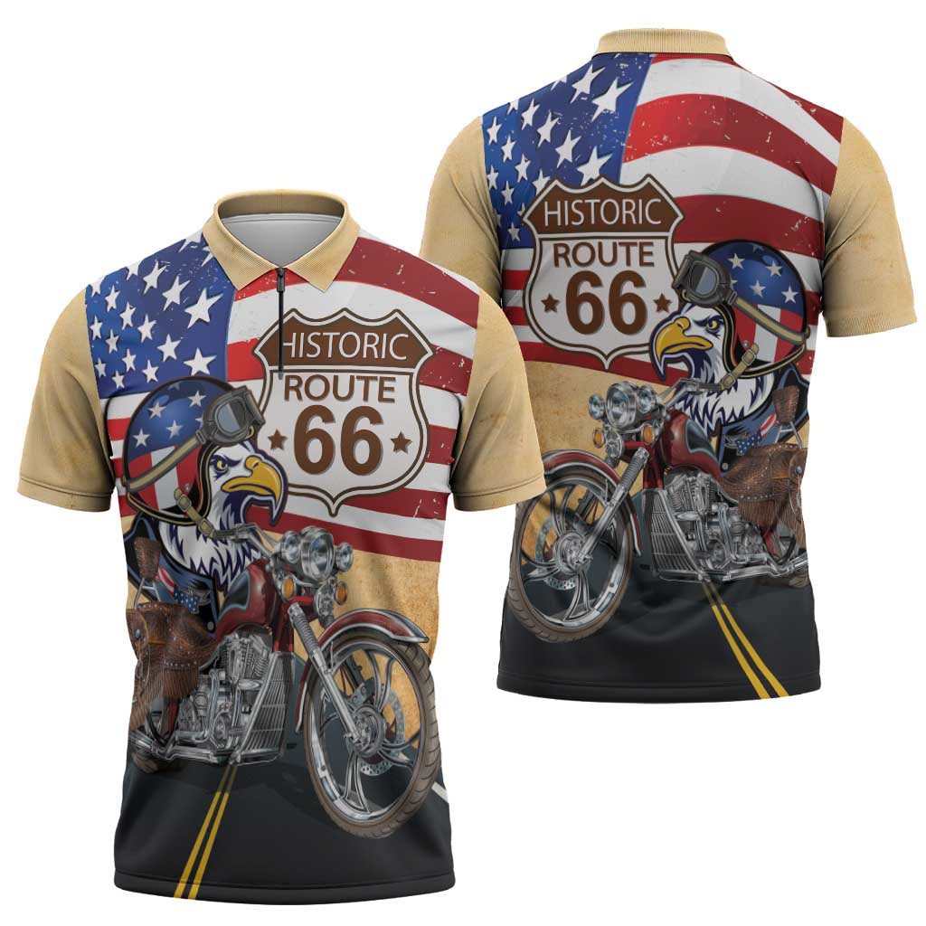 Route 66 United States Zipper Polo Shirt Historic Highway USA Eagle With Motorcycle - Wonder Print Shop
