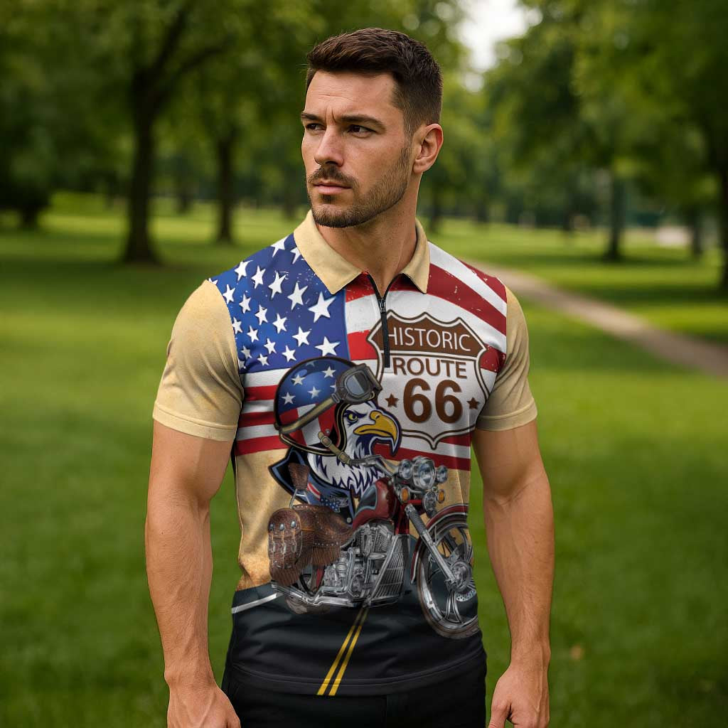 Route 66 United States Zipper Polo Shirt Historic Highway USA Eagle With Motorcycle - Wonder Print Shop