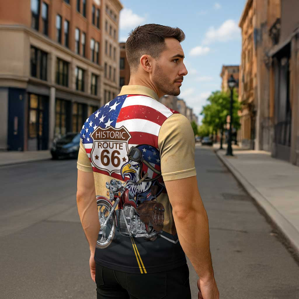 Route 66 United States Zipper Polo Shirt Historic Highway USA Eagle With Motorcycle - Wonder Print Shop